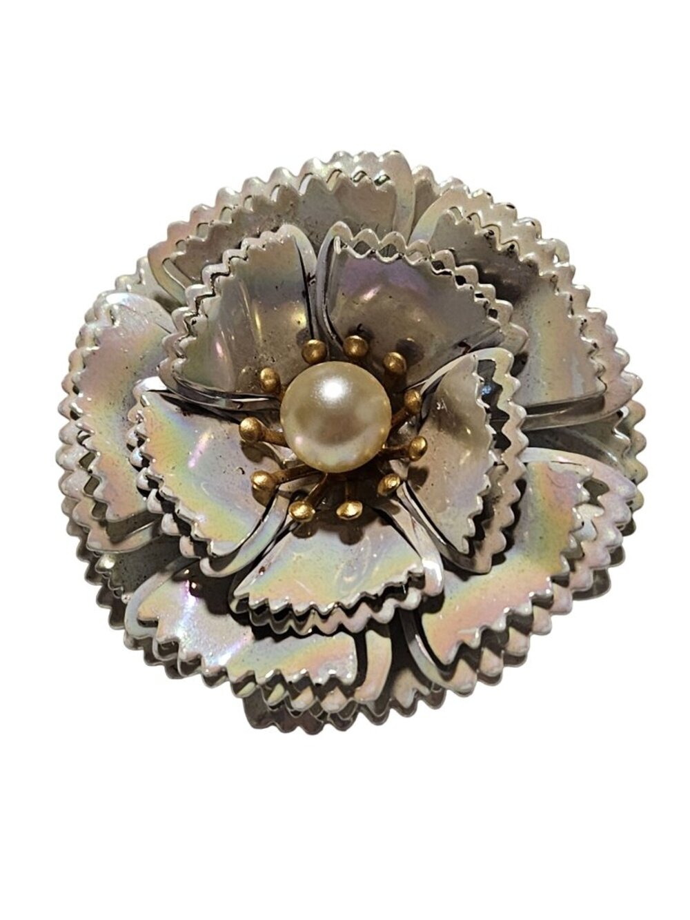 Vintage Iridescent Flower Brooch Faux Pearl Center Retro 50s 60s Fashion Jewelry